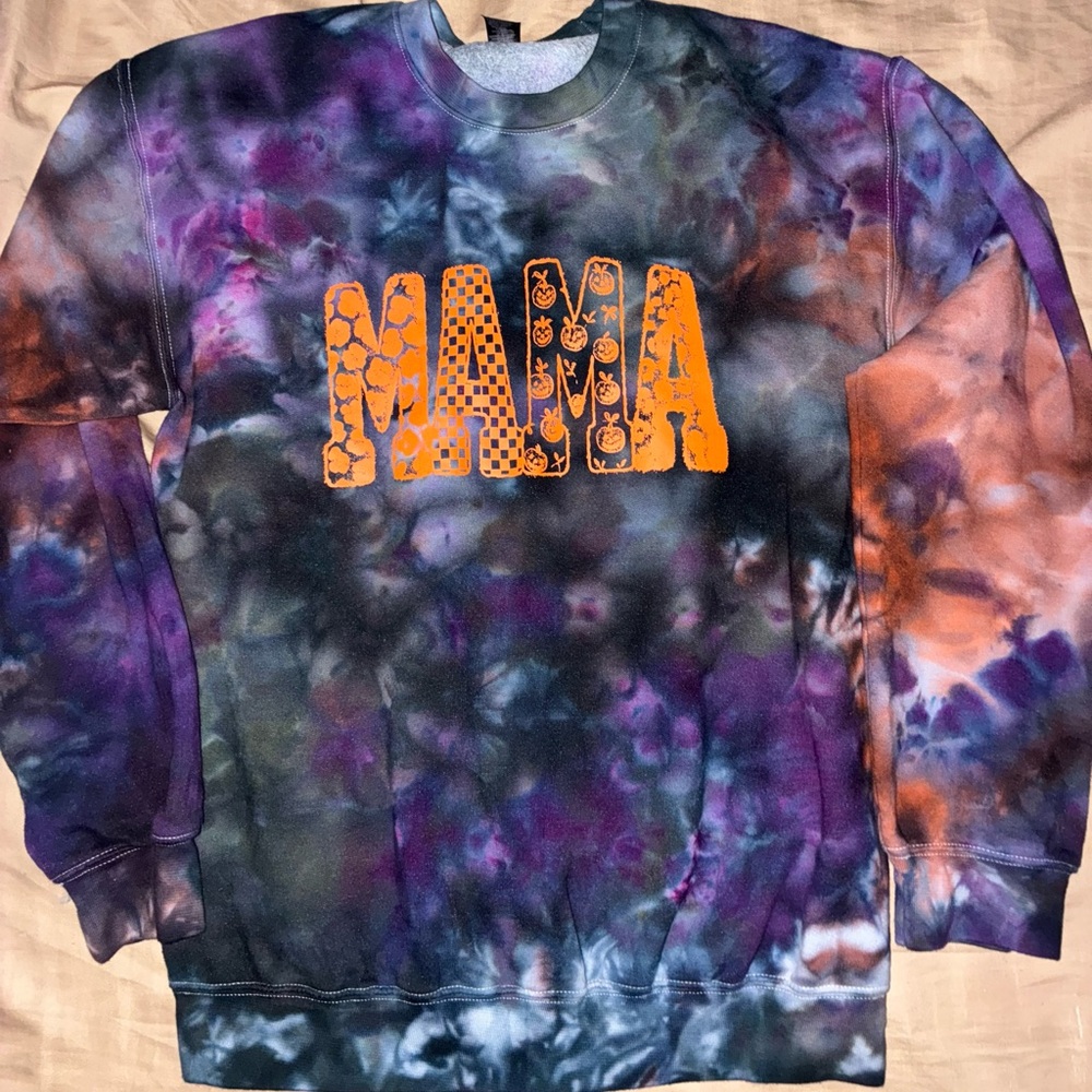 Gildan Tie-Dye 'MAMA' Graphic Women’s  Crewneck Sweatshirt- Purple and Orange